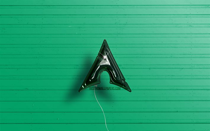 Manjaro 3D logotipo, 4K, OS, bal&#245;es realistas verde escuros, Linux, logotipo Manjaro, fundo de madeira verde, Manjaro