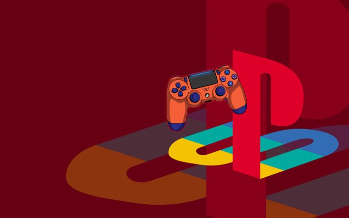 プレイステーションのロゴ, 4k, ミニマル, 赤い背景, creative クリエイティブ, アートワーク, プレイステーションミニマリズム, ブランド, PlayStation