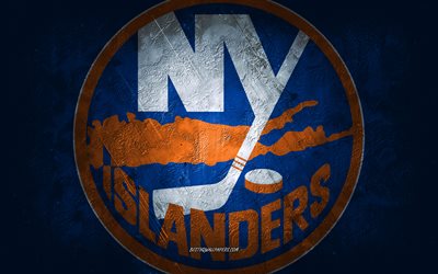 New York Islanders, yhdysvaltalainen j&#228;&#228;kiekkojoukkue, oranssi kivitausta, New York Islandersin logo, grunge-taide, NHL, j&#228;&#228;kiekko, USA, New York Islandersin tunnus