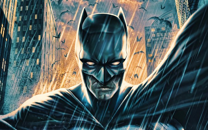 Batman, 4k, rain, darkness, superheroes, Bat-man, DC Comics, Batman 4K