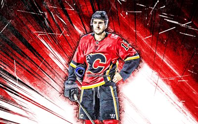 4k, Johnny Gaudreau, grunge sanat, Calgary Flames, NHL, hokey yıldızları, kırmızı neon ışıkları, John Michael Gaudreau, hokey oyuncuları, hokey, Johnny Gaudreau 4K, kırmızı soyut ışınları, Johnny Gaudreau Calgary Flames