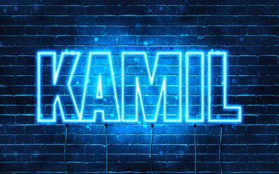 Kamil, 4k, fonds d’&#233;cran avec des noms, nom Kamil, n&#233;ons bleus, Happy Birthday Kamil, noms masculins polonais populaires, image avec le nom kamil