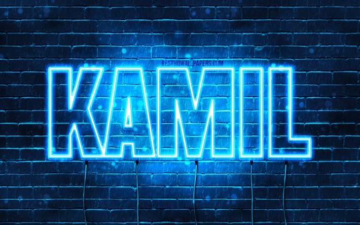 Kamil, 4k, bakgrundsbilder med namn, Kamil namn, bl&#229; neonljus, Grattis p&#229; f&#246;delsedagen Kamil, popul&#228;ra polska manliga namn, bild med Kamil namn