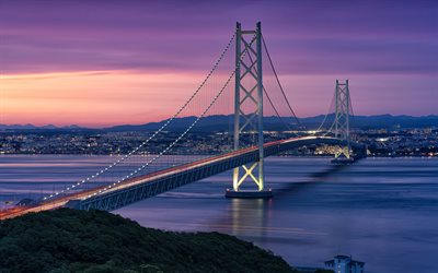 Ponte Akashi Kaikyo, ponte suspensa, noite, p&#244;r do sol, Kobe, Jap&#227;o, Panorama kobe, Ilha Awaji