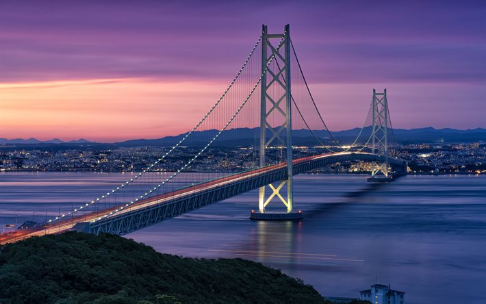 Akashi Kaikyo Bridge, suspension bridge, evening, sunset, Kobe, Japan, Kobe panorama, Awaji Island