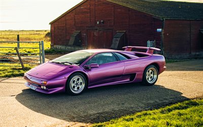 Lamborghini Diablo, 4k, supercars, 1991 arabalar, İngiltere-spec, Violet Diablo, retro arabalar, 1991 Lamborghini Diablo, İtalyan arabalar, Lamborghini