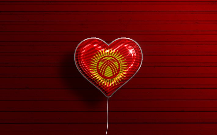 Kırgızistan, 4k, ger&#231;ek&#231;i balonlar, kırmızı ahşap arka plan, Asya &#252;lkeleri, Kırgız bayrağı kalp, favori &#252;lkeler, Kırgızistan bayrağı, bayraklı balon, Kırgızistan aşk