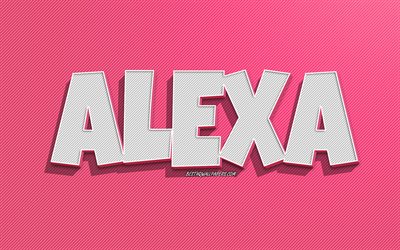 Alexa, rosa linjer bakgrund, bakgrundsbilder med namn, Alexa namn, kvinnliga namn, Alexa gratulationskort, linje konst, bild med Alexa namn