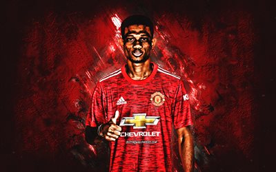 Amad Diallo, Manchester United FC, Ivorian footballer, portrait, red stone background, Premier League, England, football