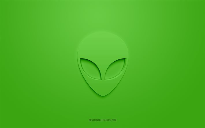 Alien 3d simgesi, yeşil arka plan, 3d semboller, Alien, Uzay simgeleri, 3d simgeleri, Alien işareti, Uzay 3d simgeleri