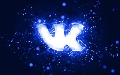 VKontakte koyu mavi logo, 4k, koyu mavi neon ışıkları, yaratıcı, koyu mavi soyut arka plan, VKontakte logosu, sosyal ağ, VKontakte