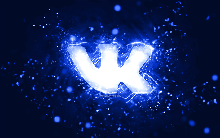 VKontakte m&#246;rkbl&#229; logotyp, 4k, m&#246;rkbl&#229; neonljus, kreativ, m&#246;rkbl&#229; abstrakt bakgrund, VKontakte logotyp, socialt n&#228;tverk, VKontakte