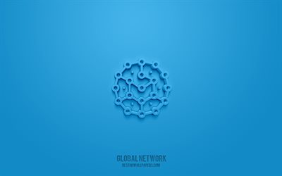 Globaalin verkon 3d-kuvake, sininen tausta, 3d-symbolit, maailmanlaajuinen verkko, verkkokuvakkeet, 3d-kuvakkeet, Global Network -merkki, verkkojen 3d-kuvakkeet