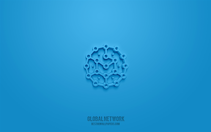 Globaalin verkon 3d-kuvake, sininen tausta, 3d-symbolit, maailmanlaajuinen verkko, verkkokuvakkeet, 3d-kuvakkeet, Global Network -merkki, verkkojen 3d-kuvakkeet