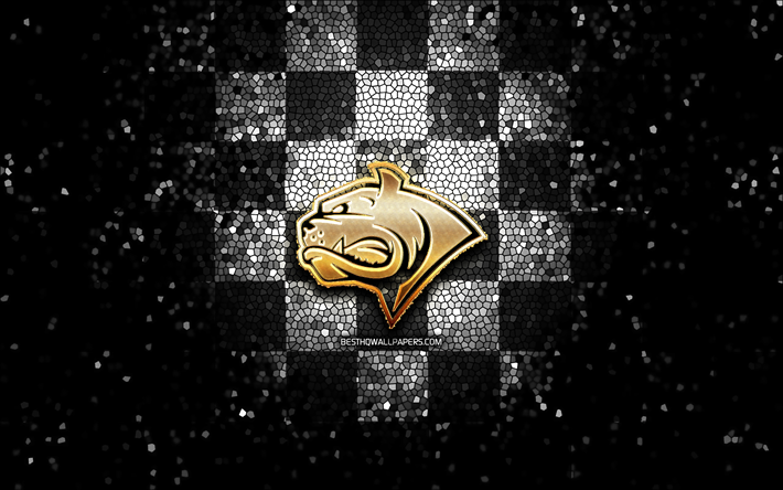 Dornbirn Bulldogs, glitter logo, ICE Hockey League, white black checkered background, hockey, austrian hockey team, Dornbirn Bulldogs logo, mosaic art