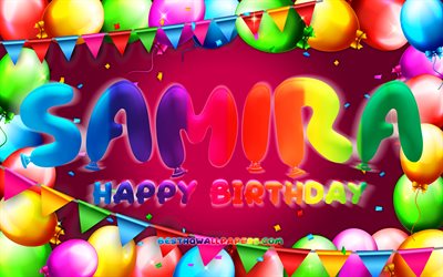 Joyeux Anniversaire Samira, 4k, ballon color&#233; cadre, nom de Samira, fond violet, Samira Joyeux Anniversaire, Anniversaire de Samira, les noms f&#233;minins am&#233;ricains populaires, Anniversaire concept, Samira