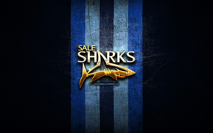 Sale Sharks, logo dor&#233;, Premiership Rugby, fond m&#233;tal bleu, club de rugby anglais, logo Sale Sharks, rugby