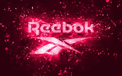Reebok pink logo, 4k, pink neon valot, luova, vaaleanpunainen abstrakti tausta, Reebok logo, tuotemerkit, Reebok
