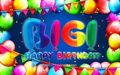 Buon compleanno Bigi, 4k, cornice palloncino colorato, nome Bigi, sfondo blu, Bigi buon compleanno, Bigi compleanno, nomi maschili tedeschi popolari, concetto di compleanno, Bigi