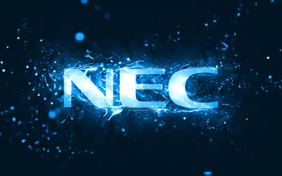 NEC blue logo, 4k, blue neon lights, creative, blue abstract background, NEC logo, brands, NEC