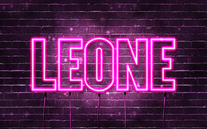 Leone, 4k, des fonds d&#39;&#233;cran avec des noms, des noms f&#233;minins, le nom de Leone, des n&#233;ons violets, Leone Anniversaire, Joyeux Anniversaire Leone, des noms f&#233;minins italiens populaires, une photo avec le nom de Leone