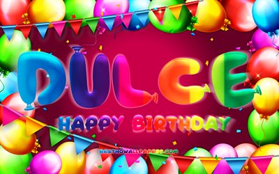 Joyeux Anniversaire Dulce, 4k, cadre de ballon color&#233;, Dulce nom, fond violet, Dulce Joyeux Anniversaire, Dulce Anniversaire, les noms f&#233;minins am&#233;ricains populaires, Anniversaire concept, Dulce