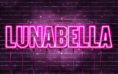 Lunabella, 4k, des fonds d&#39;&#233;cran avec des noms, des noms f&#233;minins, le nom de Lunabella, des n&#233;ons violets, Lunabella Anniversaire, Joyeux Anniversaire Lunabella, des noms f&#233;minins italiens populaires, une photo avec le nom de Lunab