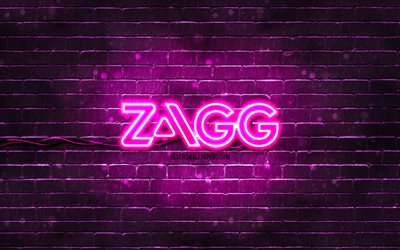 Zagg violetti logo, 4k, violetti tiilisein&#228;, Zagg-logo, tuotemerkit, Zagg neon logo, Zagg