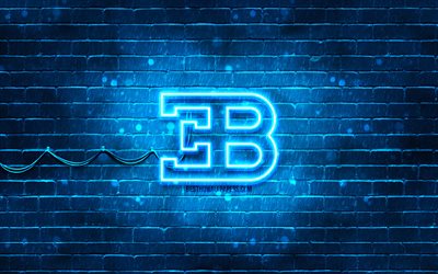 Logo Bugatti blu, 4k, muro di mattoni blu, logo Bugatti, marchi automobilistici, logo neon Bugatti, Bugatti