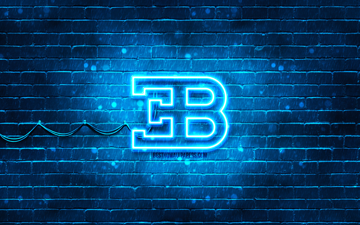 ブガッティブルーのロゴ, 4k, 青いレンガの壁, ブガッティのロゴ, 車のブランド, ブガッティネオンロゴ, ブガッティ