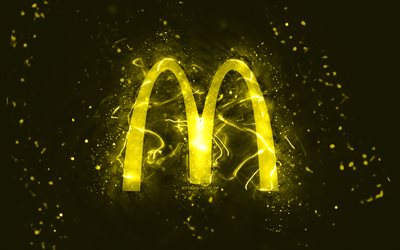 McDonalds yellow logo, 4k, yellow neon lights, creative, yellow abstract background, McDonalds logo, brands, McDonalds