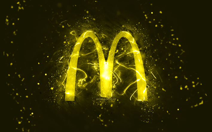 McDonalds gul logotyp, 4k, gula neonljus, kreativ, gul abstrakt bakgrund, McDonalds logotyp, varum&#228;rken, McDonalds
