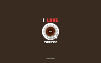 エスプレッソレシピ, 4k, エスプレッソの材料が入ったカップ, エスプレッソコーヒーが大好き, 茶色の背景, エスプレッソコーヒー, コーヒーレシピ, エスプレッソの材料