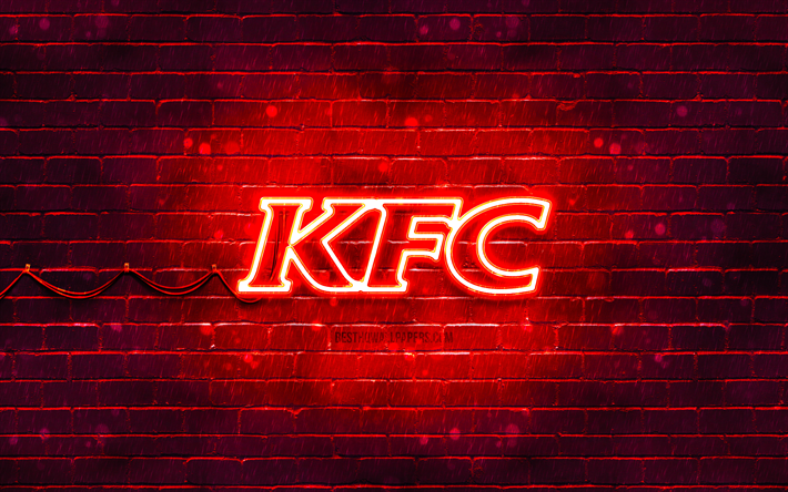 Logotipo rojo de KFC, 4k, pared de ladrillo rojo, logotipo de KFC, marcas, logotipo de ne&#243;n de KFC, KFC