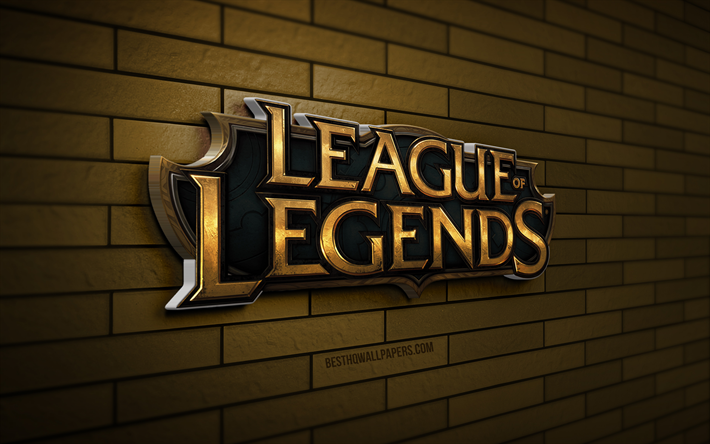 League of Legends 3D-logo, 4K, LoL-logo, ruskea tiilisein&#228;, luova, tuotemerkit, League of Legends -logo, LoL, 3D-taide, League of Legends