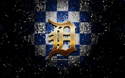 Detroit Tigers emblem, glitter logo, MLB, blue white checkered background, american baseball team, Major League Baseball, mosaic art, baseball, Detroit Tigers