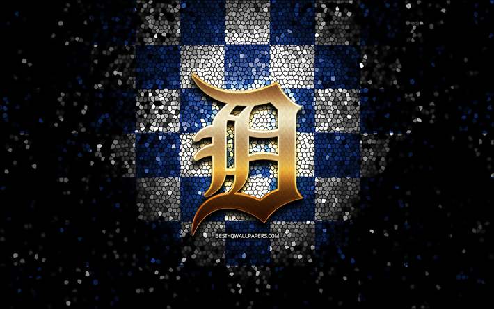 Detroit Tigers amblemi, parıltılı logo, HABERLER, mavi beyaz damalı arka plan, Amerikan beyzbol takımı, Major League Baseball, mozaik sanatı, beyzbol, Detroit Tigers
