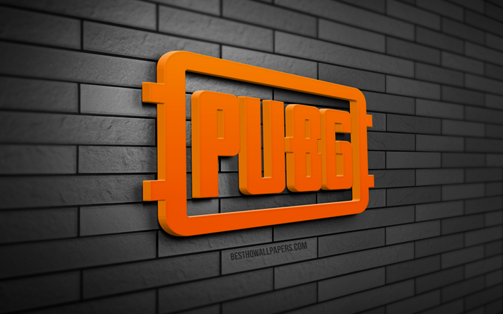 Pubg 3D -logo, 4K, harmaa tiilisein&#228;, PlayerUnknowns Battlegrounds, online-pelit, Pubg-logo, 3D-taide, Pubg