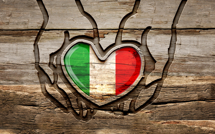 I love Italy, 4K, wooden carving hands, Day of Italy, Flag of Italy, creative, Italy flag, Italian flag, Italy flag in hand, Take care Italy, wood carving, Europe, Italy
