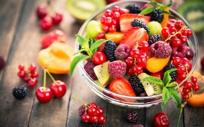 Download wallpapers Fruit salad, raspberry, apricots, mulberry, kiwi ...