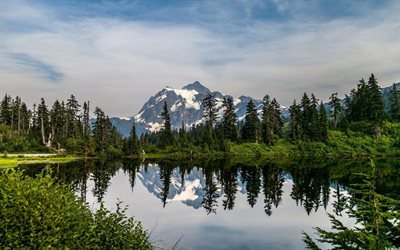 Mountains, lake, forest, mountain landscape, North Cascades National Park, Whatcom, Washington, United States