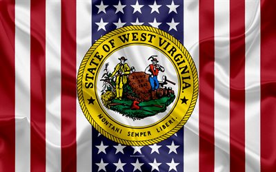 West Virginia, USA, 4k, American state, Seal of West Virginia, silk texture, US states, emblem, states seal, American flag
