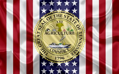 Tennessee, USA, 4k, Amerikan valtio, Seal of Tennessee, silkki tekstuuri, YHDYSVALTOJEN, tunnus, valtioiden tiiviste, Amerikan lippu