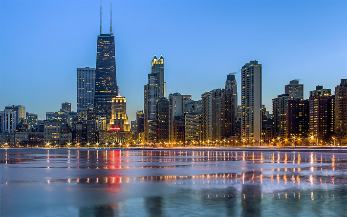Chicago, paesaggi notturni, edifici moderni, USA, America