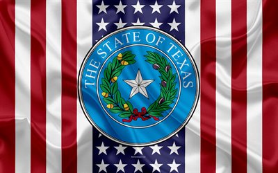 Texas, EUA, 4k, Estado americano, Selo do Texas, textura de seda, NOS estados americanos, emblema, estados selo, Bandeira americana