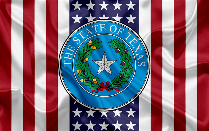 Texas, USA, 4k, American state, Seal of Texas, silk texture, US states, emblem, states seal, American flag