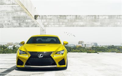 Lexus RC F, 2018, exterior, front view, yellow luxury coupe, sports car, yellow RC F, Japanese cars, Lexus
