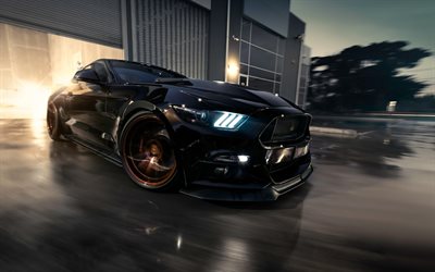 Ford Mustang, black sports coupe, tuning Mustang, bronze wheels, Muscle Car, Black Mustang, Ford