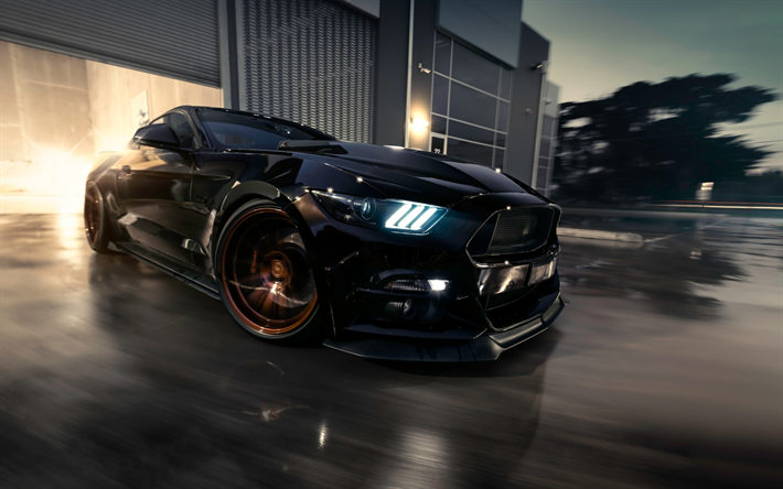 ford mustang, schwarz sport-coup&#233;, tuning mustang, bronze r&#228;der, muscle car, black mustang, ford