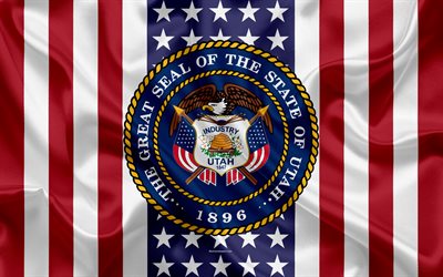 Utah, USA, 4k, American state, Seal of Utah, silk texture, US states, emblem, states seal, American flag